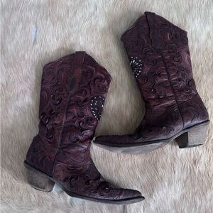Elegant Burgundy Embroidered Heeled Boots